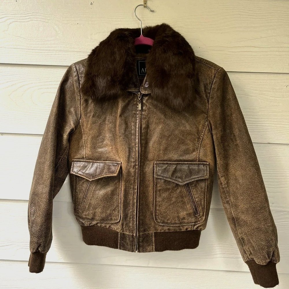 Adler collection genuine leather motorcycle bomber with real fur collar medium